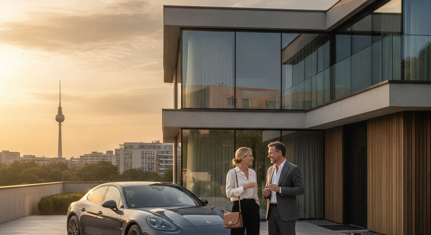 Moderne Luxusvilla in Berlin mit Premiumfahrzeug und Berliner Skyline im Hintergrund im Abendlicht