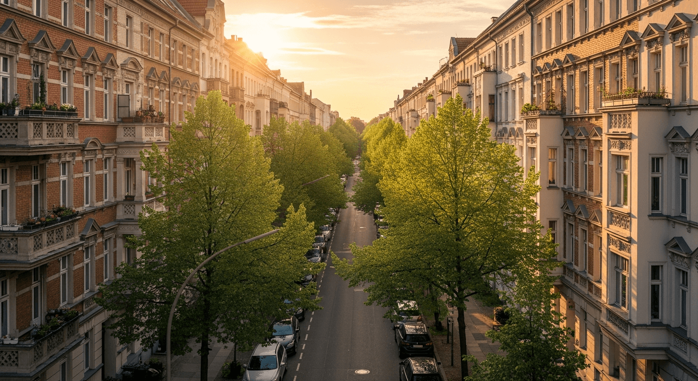 Berliner Altbaustraße im Abendlicht – typisches Wohnumfeld beim Immobilienverkauf in Berlin